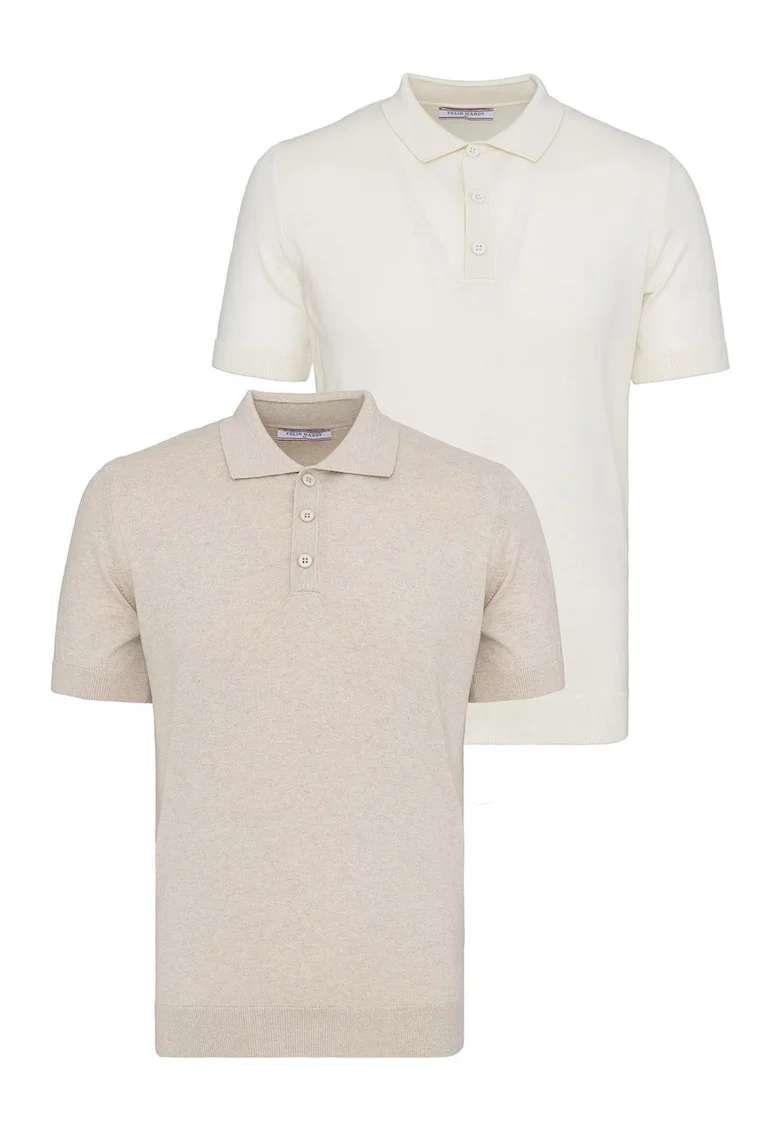 Set de tricouri din bumbac cu guler polo - 2 piese, Alb/Bej