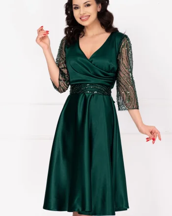 Rochie eleganta verde midi Britney in clos cu maneci din tulle