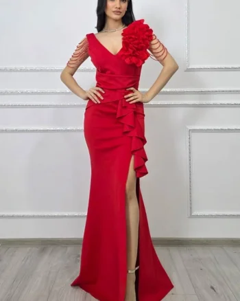 Rochie de seara ISALYN, cu siraguri de cristale in cascada si floare 3D, Rosu