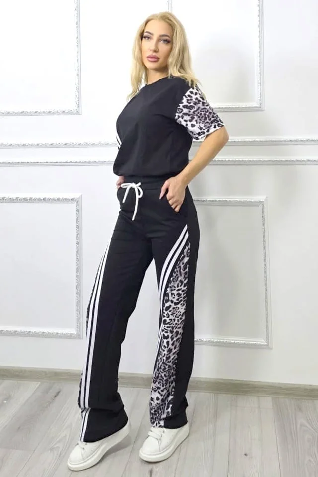 Compleu casual animal print Power Move, cu tricou si pantaloni lejeri, NEGRU