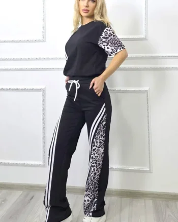 Compleu casual animal print Power Move, cu tricou si pantaloni lejeri, NEGRU