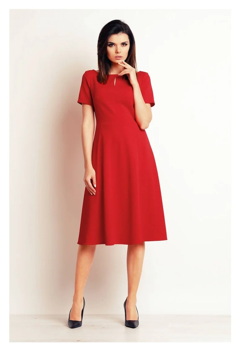 Rochie evazata,  Rosu, midi, maneci scurte, tricot elastic, ofera libertate de miscare, silueta feminina, stil elegant, Rosu