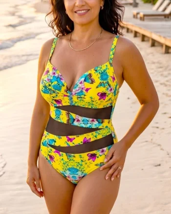 Costum de baie intreg MaXena, cu tull si imprimeu fluturi, Galben Floryfly