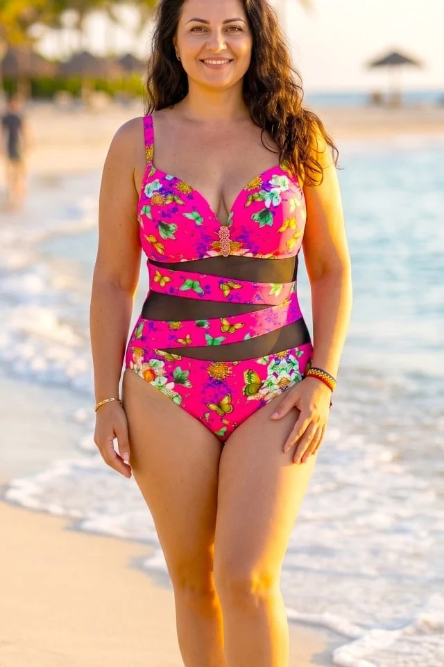 Costum de baie intreg MaXena, cu tull si imprimeu fluturi, Fucsia Floryfly