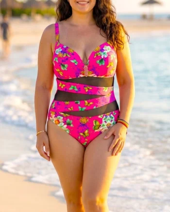 Costum de baie intreg MaXena, cu tull si imprimeu fluturi, Fucsia Floryfly