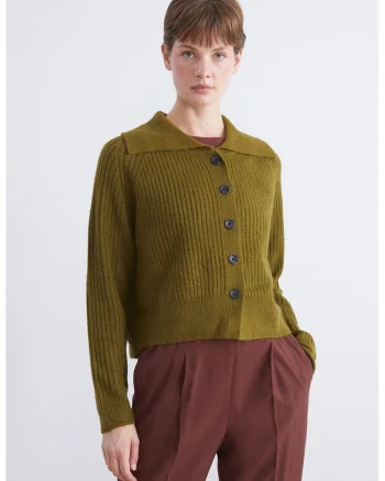 Cardigan tricotat cu guler clasic, Verde masliniu
