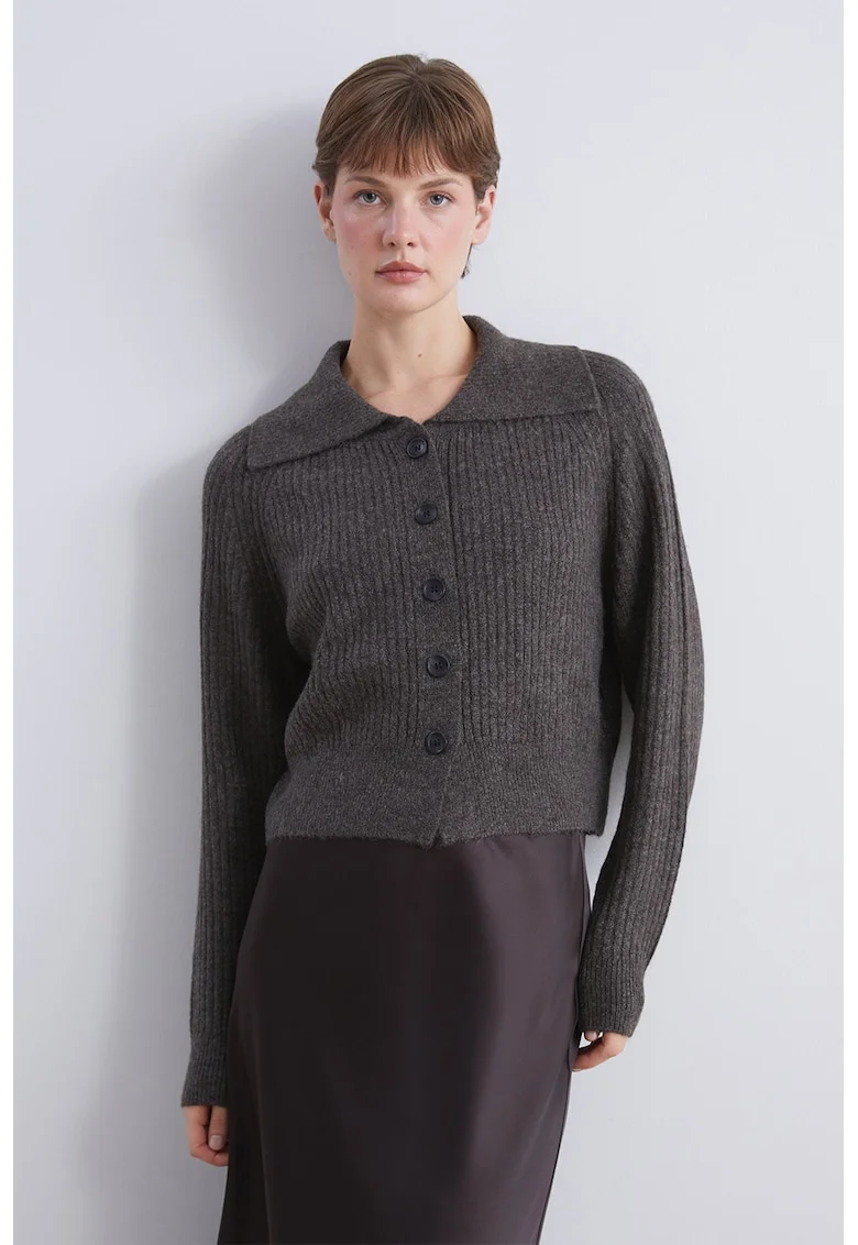 Cardigan tricotat cu guler clasic, Gri inchis