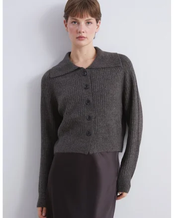 Cardigan tricotat cu guler clasic, Gri inchis