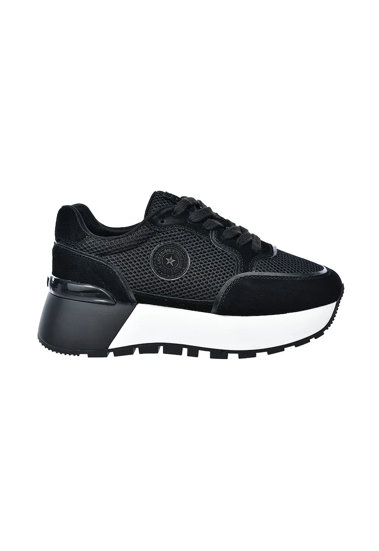 Pantofi sport din plasa cu garnituri din piele intoarsa si talpa masiva, Negru