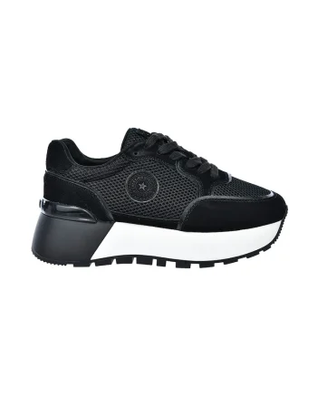 Pantofi sport din plasa cu garnituri din piele intoarsa si talpa masiva, Negru