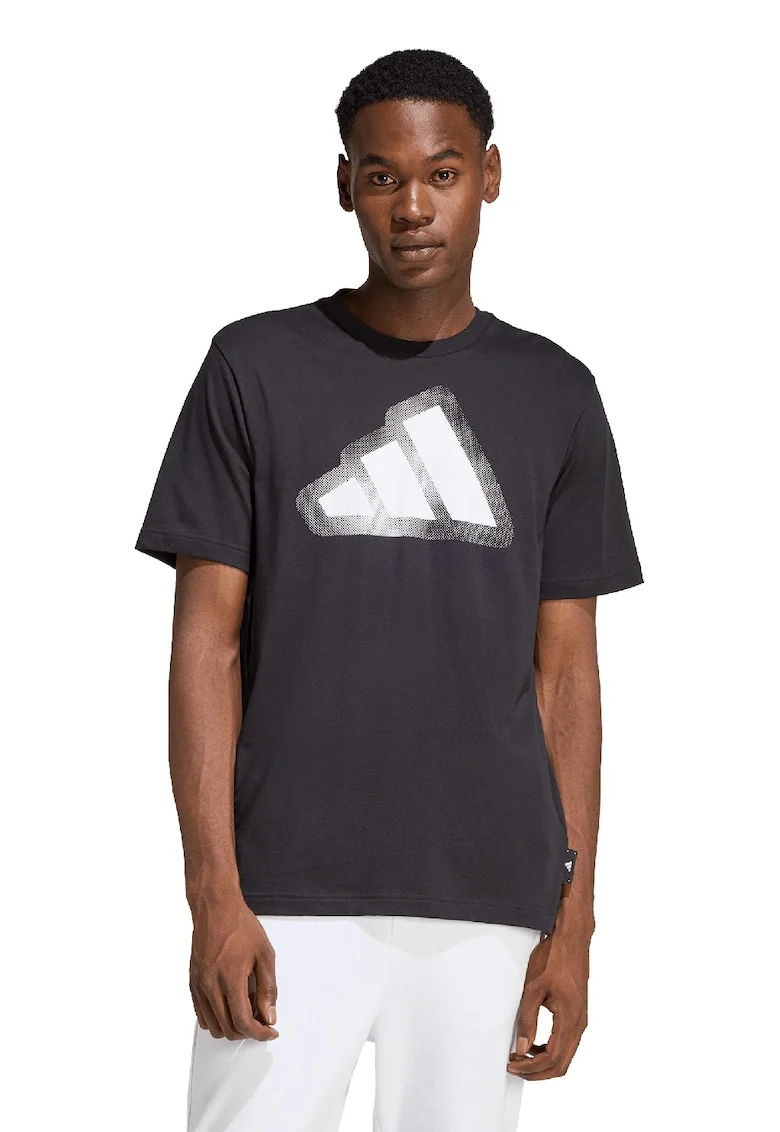 Tricou cu decolteu la baza gatului si imprimeu logo, Alb/Negru