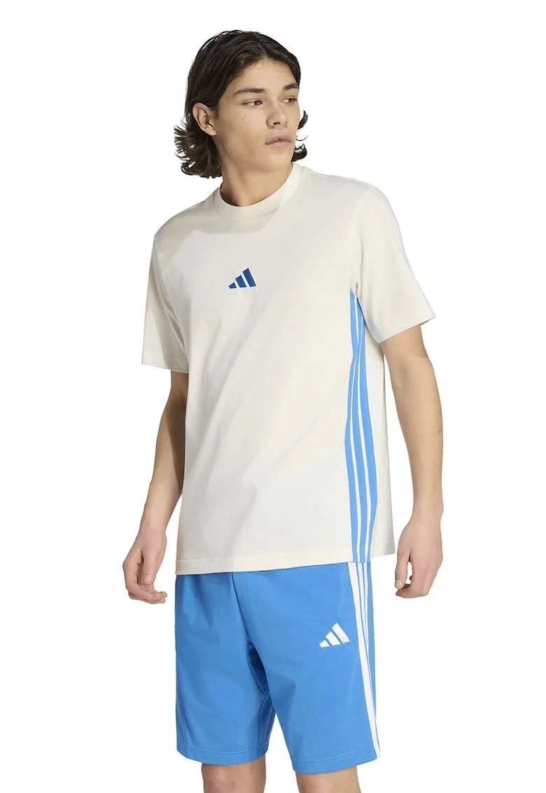 Tricou din bumbac cu decolteu la baza gatului si logo, Alb murdar/Albastru