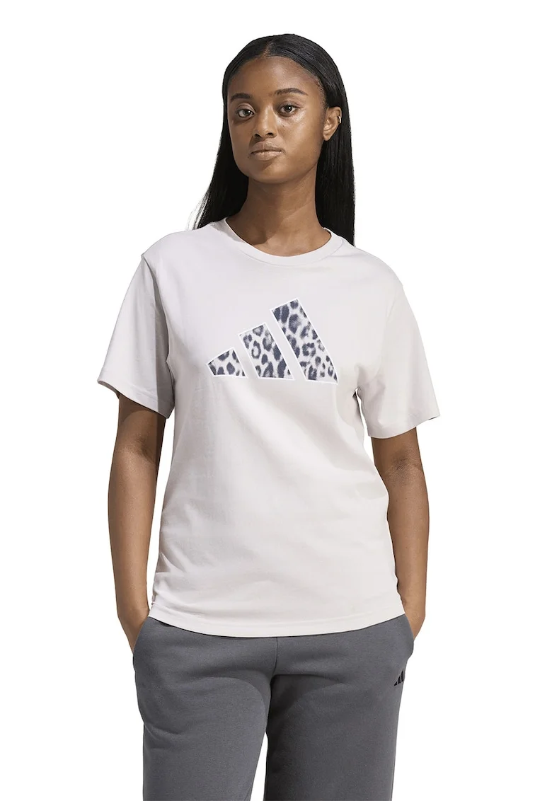 Tricou cu decolteu la baza gatului si logo, Bej/Gri carbune