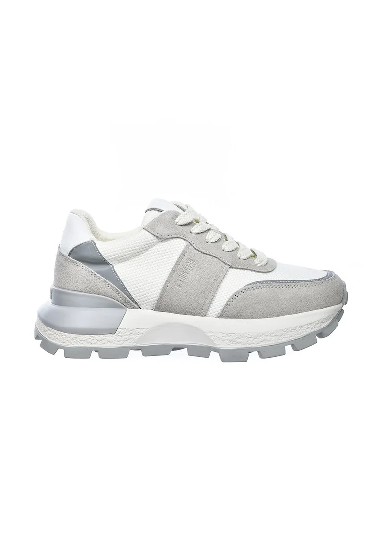Pantofi sport cu talpa wedge si garnituri din piele intoarsa, Alb/Gri