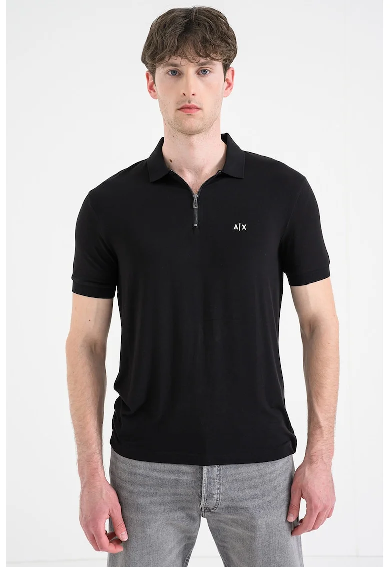 Tricou slim fit cu fenta cu fermoar, Negru