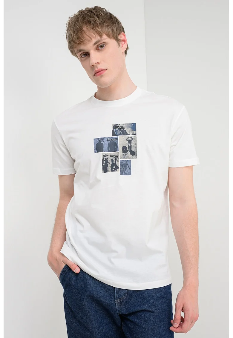 Tricou de bumbac cu imprimeu foto, Alb/Grej/Bleumarin