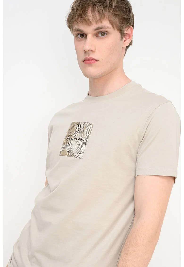 Tricou din bumbac cu decolteu la baza gatului, Maro taupe deschis