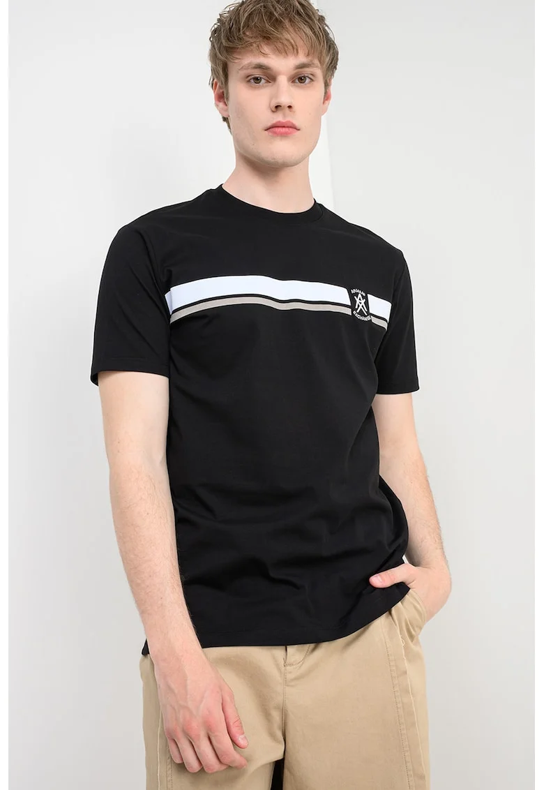 Tricou cu decolteu la baza gatului si logo, Alb/Negru/Maro taupe deschis