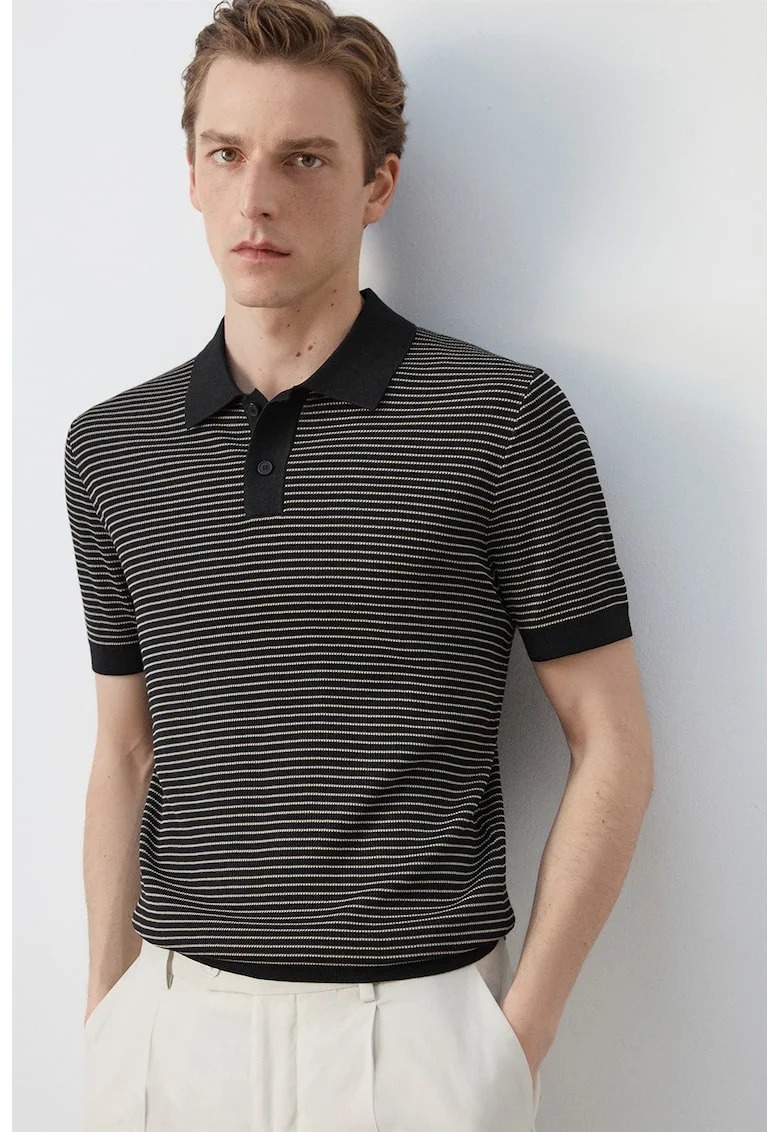 Tricou polo din amestec de bumbac cu model in dungi, Negru/Bej deschis