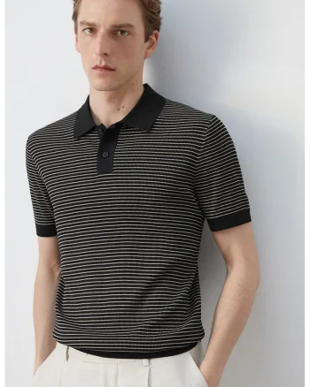 Tricou polo din amestec de bumbac cu model in dungi, Negru/Bej deschis