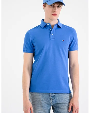 Tricou polo slim fit din amestec de bumbac organic 1985, Albastru cobalt
