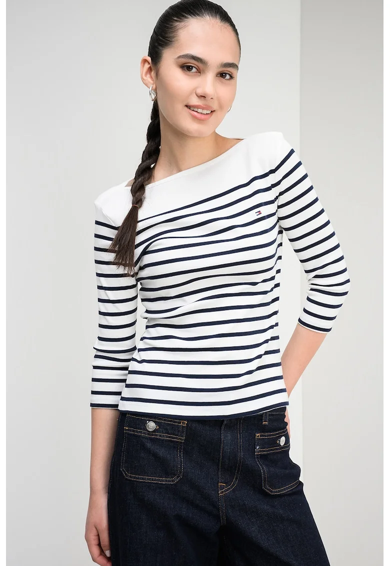 Bluza slim-fit de bumbac cu maneci trei sferturi, Albastru ultramarin/Alb murdar