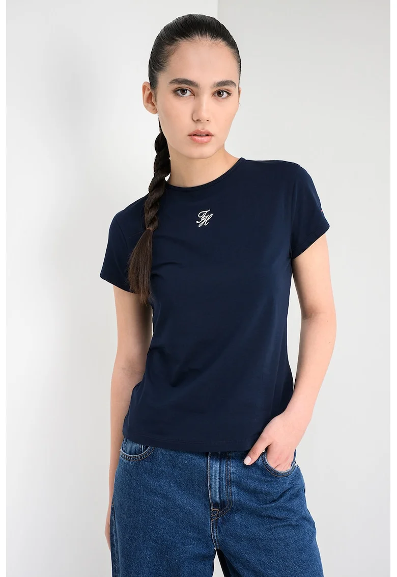 Tricou slim-fit din amestec de bumbac cu logo, Albastru ultramarin