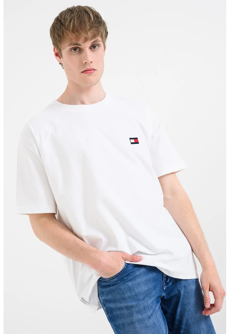 Tricou de bumbac cu maneci raglan si monograma, Alb