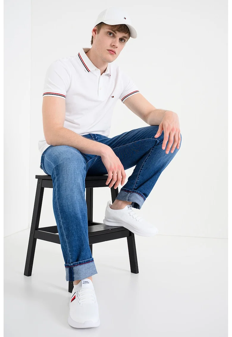 Tricou polo slim fit cu garnituri contrastante, Alb