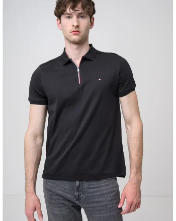 Tricou polo regular fit cu fenta cu fermoar, Negru