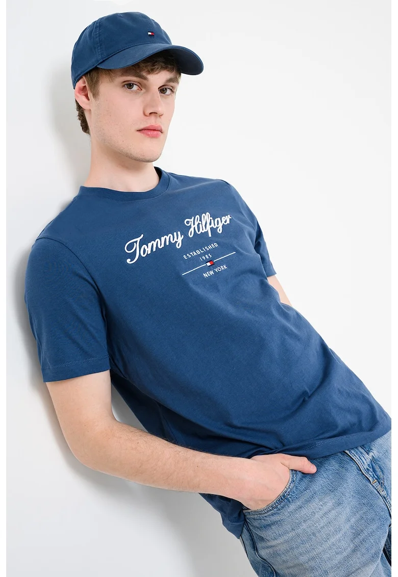 Tricou cu decolteu la baza gatului cu logo, Alb/Albastru prafuit