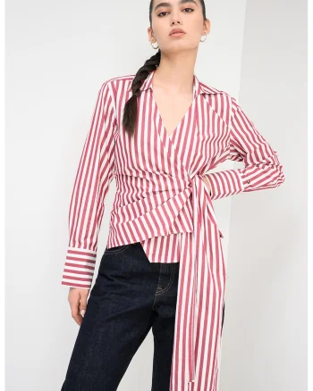 Camasa slim fit in dungi cu detaliu drapat, Alb/Rosu prafuit