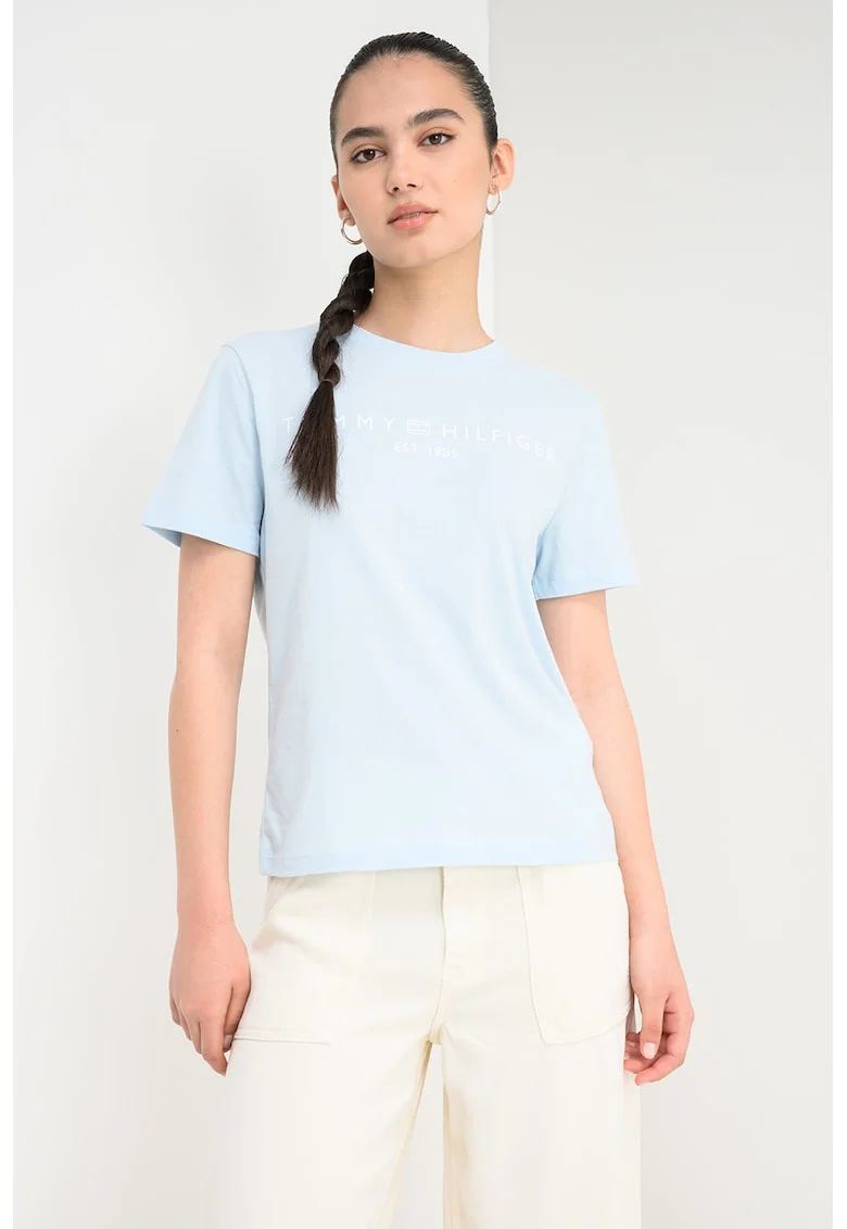Tricou din bumbac cu imprimeu logo, Alb/Albastru pastel