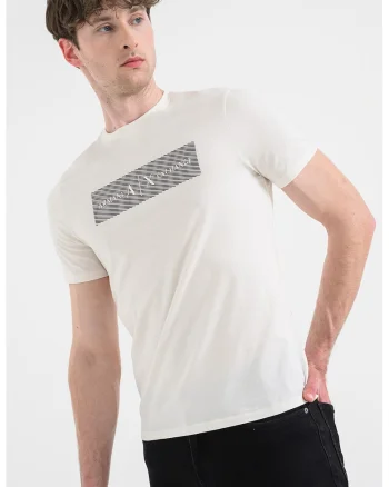 Tricou cu decolteu la baza gatului si imprimeu logo, Alb murdar