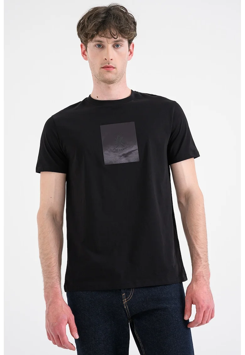 Tricou din bumbac cu decolteu la baza gatului si imprimeu, Negru