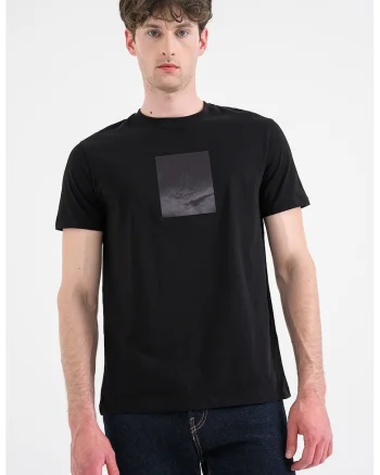 Tricou din bumbac cu decolteu la baza gatului si imprimeu, Negru