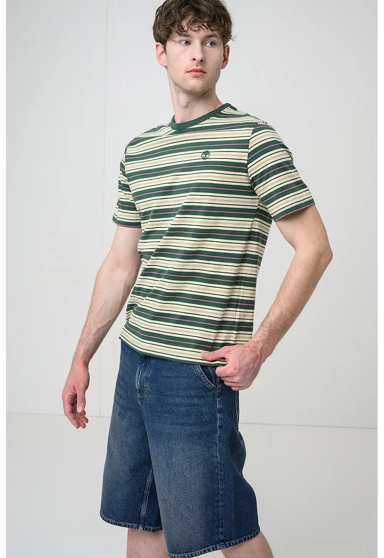 , Tricou cu decolteu la baza gatului si model in dungi, Verde/Galben