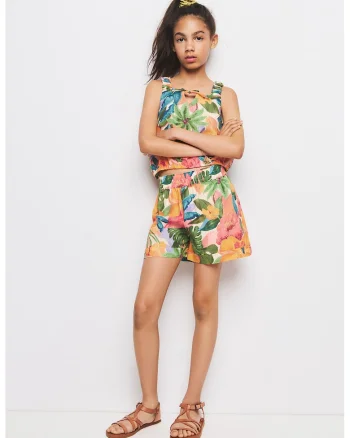 Top cu decolteu patrat si imprimeu tropical, Verde/Multicolor