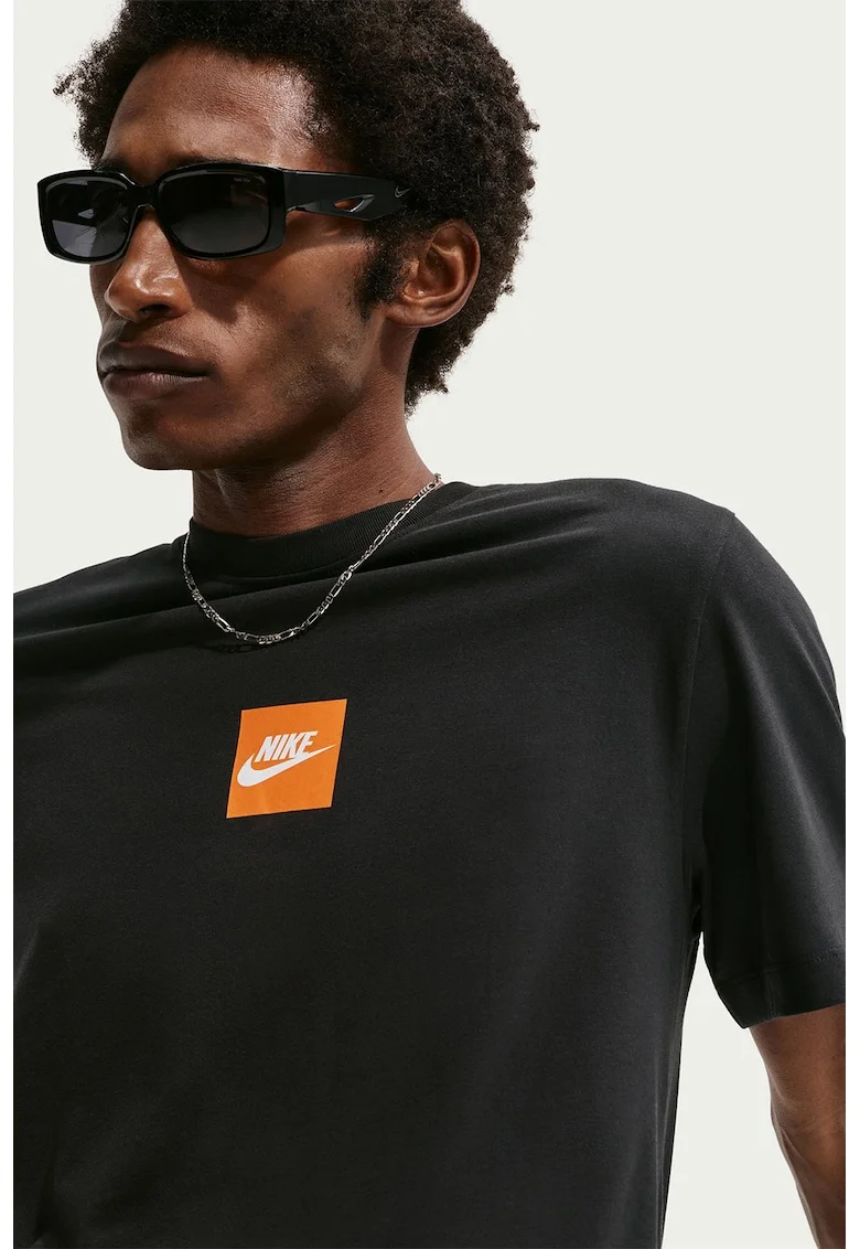 Tricou din bumbac cu decolteu la baza gatului, Negru