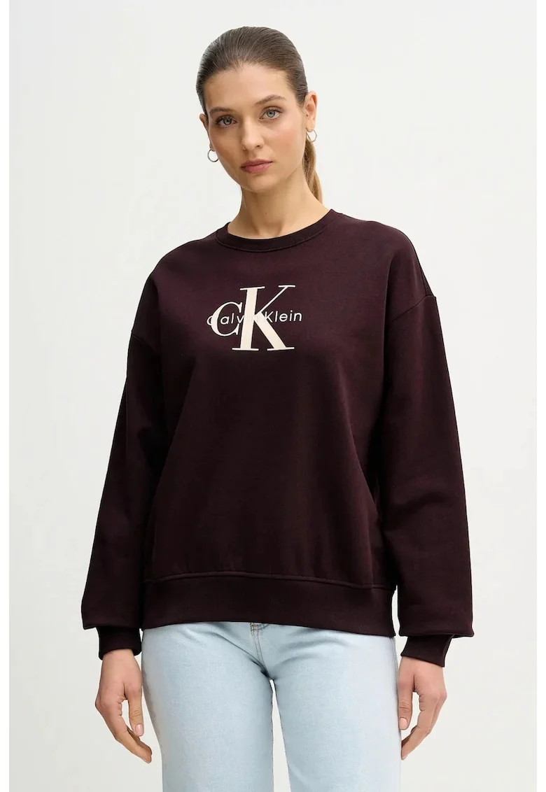 Bluza de trening cu maneci cazute si imprimeu logo, Visiniu