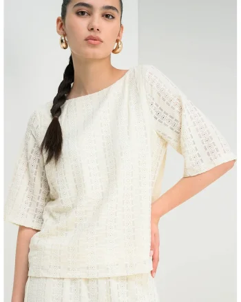Bluza cu broderie si decolteu barcuta, Crem