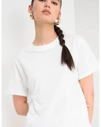 Tricou cu model uni si detaliu drapat, Alb