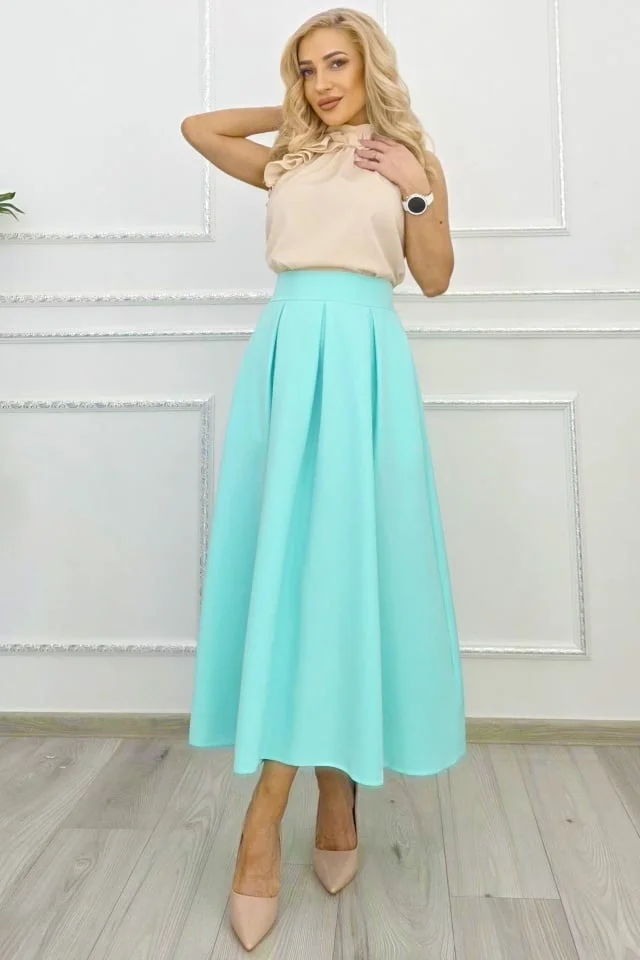Fusta lunga evazata Mathilde, cu buzunare si pliuri, Turquoise, Marime S/M/L
