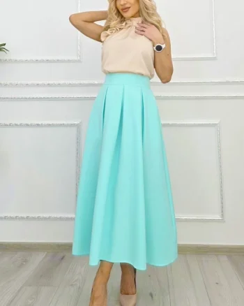 Fusta lunga evazata Mathilde, cu buzunare si pliuri, Turquoise, Marime S/M/L