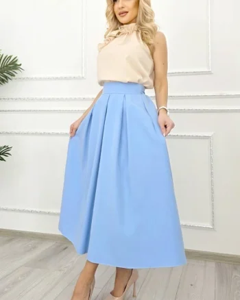 Fusta lunga evazata Mathilde, cu buzunare si pliuri, Baby Blue, Marime S/M/L