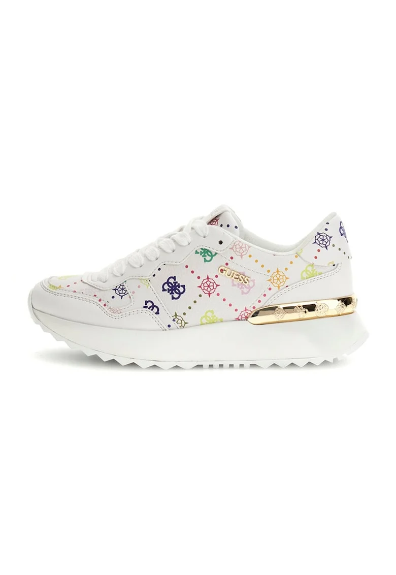 Pantofi sport din piele ecologica cu model monograma, Alb/Galben pai/Rosu inchis
