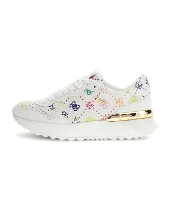 Pantofi sport din piele ecologica cu model monograma, Alb/Galben pai/Rosu inchis