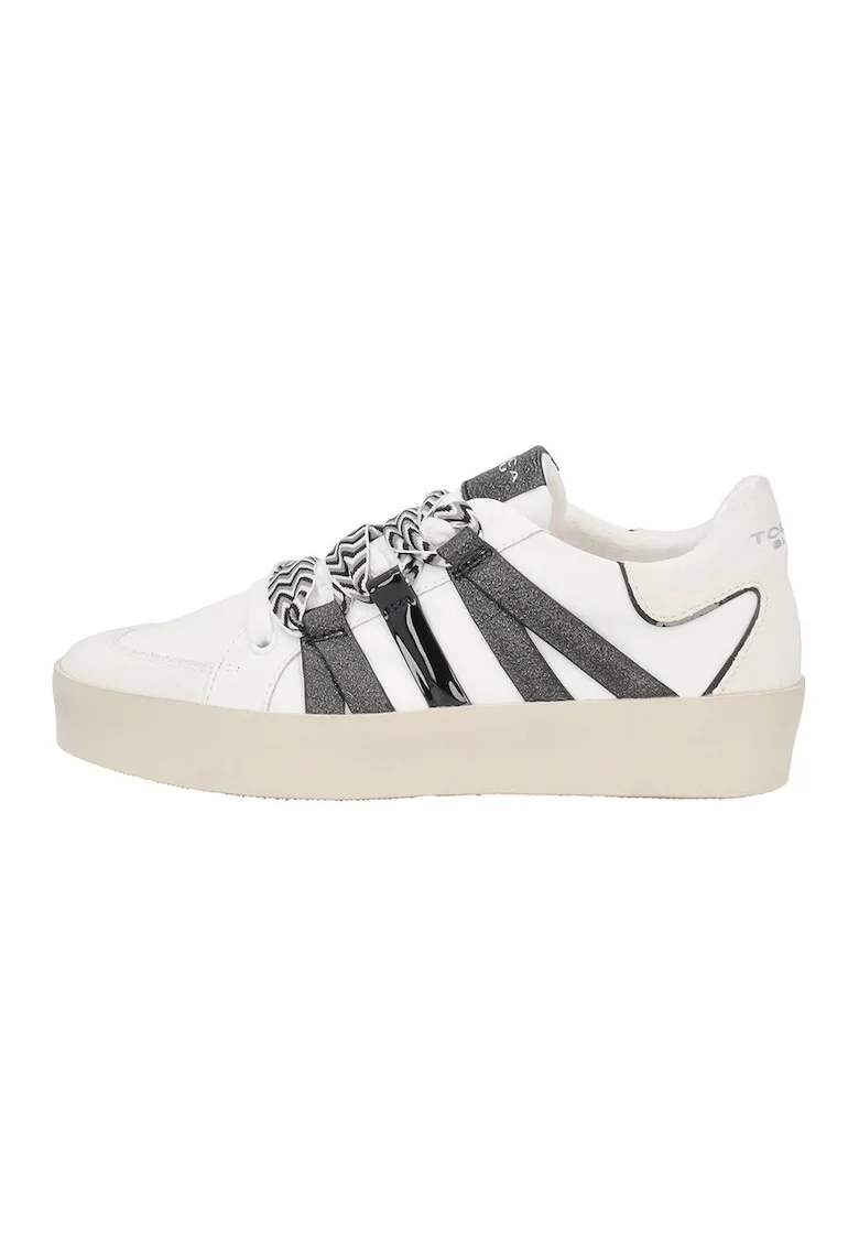 Pantofi sport din piele cu sireturi cu model herringbone, Alb/Negru