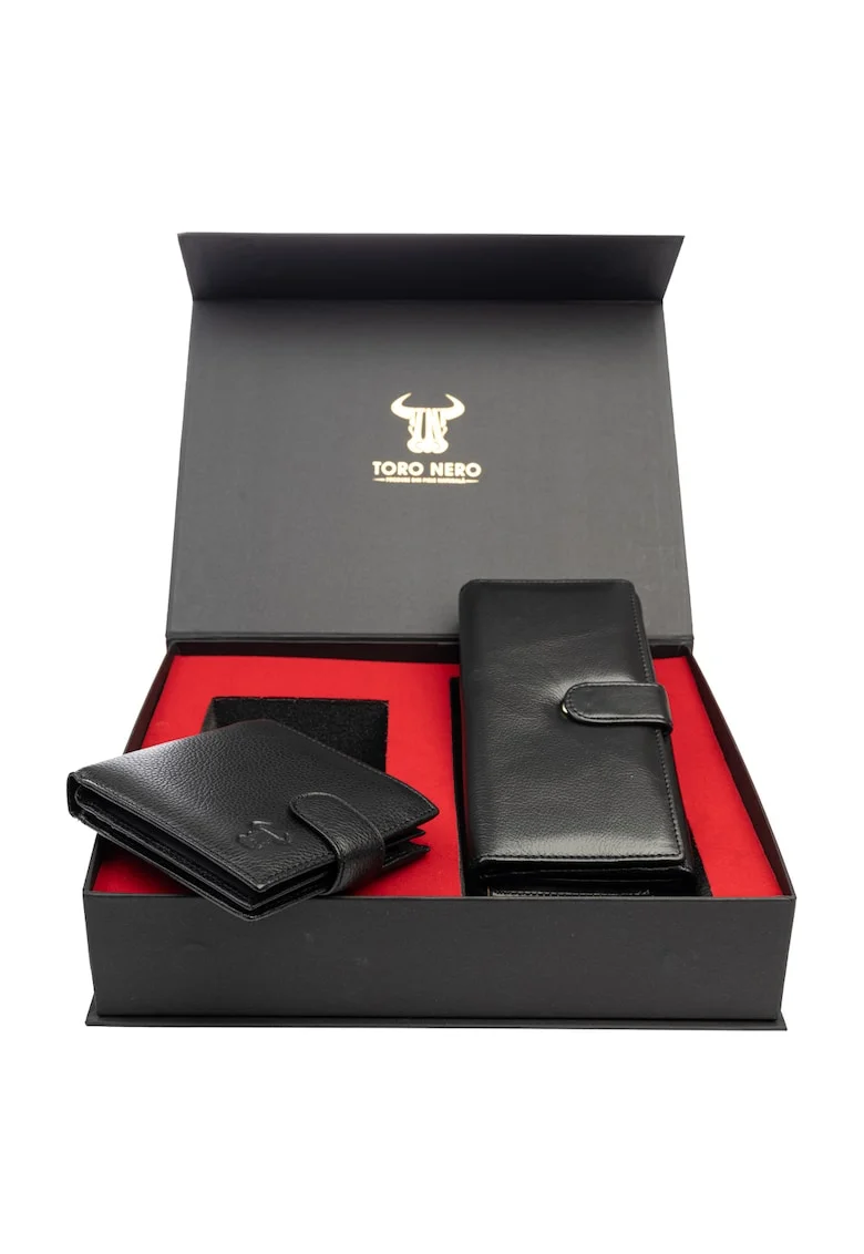 Set portofel dama si portofel barbati, piele naturala, Reset-Vita Opzioni - 64875, Negru, 9.5*19*3