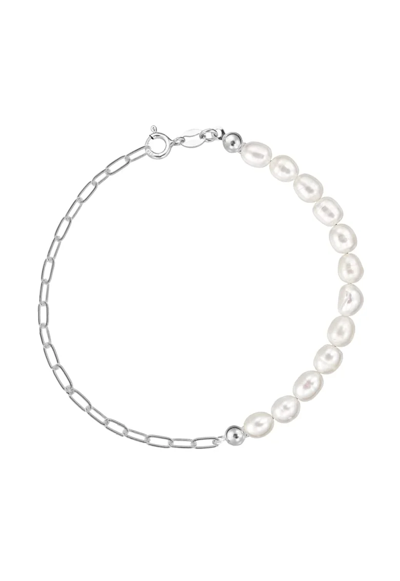 Bratara argint 925 cu perle de cultura albe 6mm, tip bob de orez + lant paperclip, Paperclip S